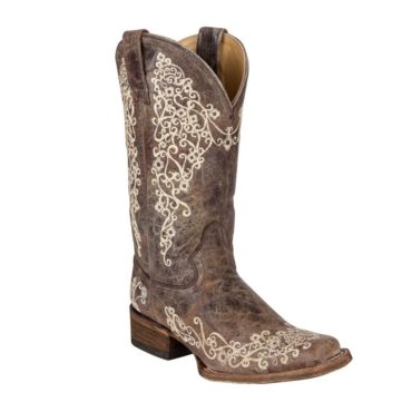 Corral Women's A2663 Bone Embroidery Square Toe Western Boot Brown Crater